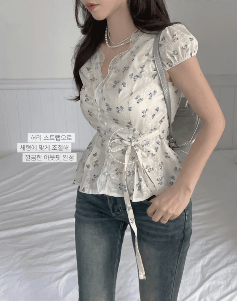 있음 선적 한국 chic 여름 꽃무늬 품격 허리 수축 슬림해 보이는 셔츠 프랑스식 레이스 레이스 V넥 맨위 상세 이미지 3