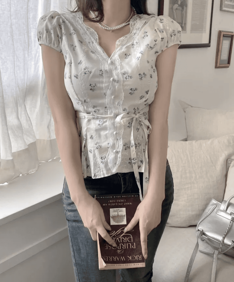 있음 선적 한국 chic 여름 꽃무늬 품격 허리 수축 슬림해 보이는 셔츠 프랑스식 레이스 레이스 V넥 맨위 상세 이미지 4
