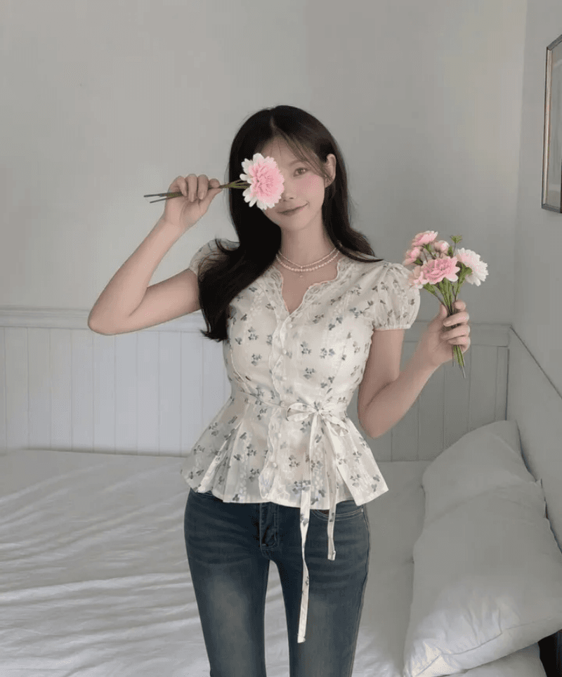 있음 선적 한국 chic 여름 꽃무늬 품격 허리 수축 슬림해 보이는 셔츠 프랑스식 레이스 레이스 V넥 맨위 상세 이미지 6