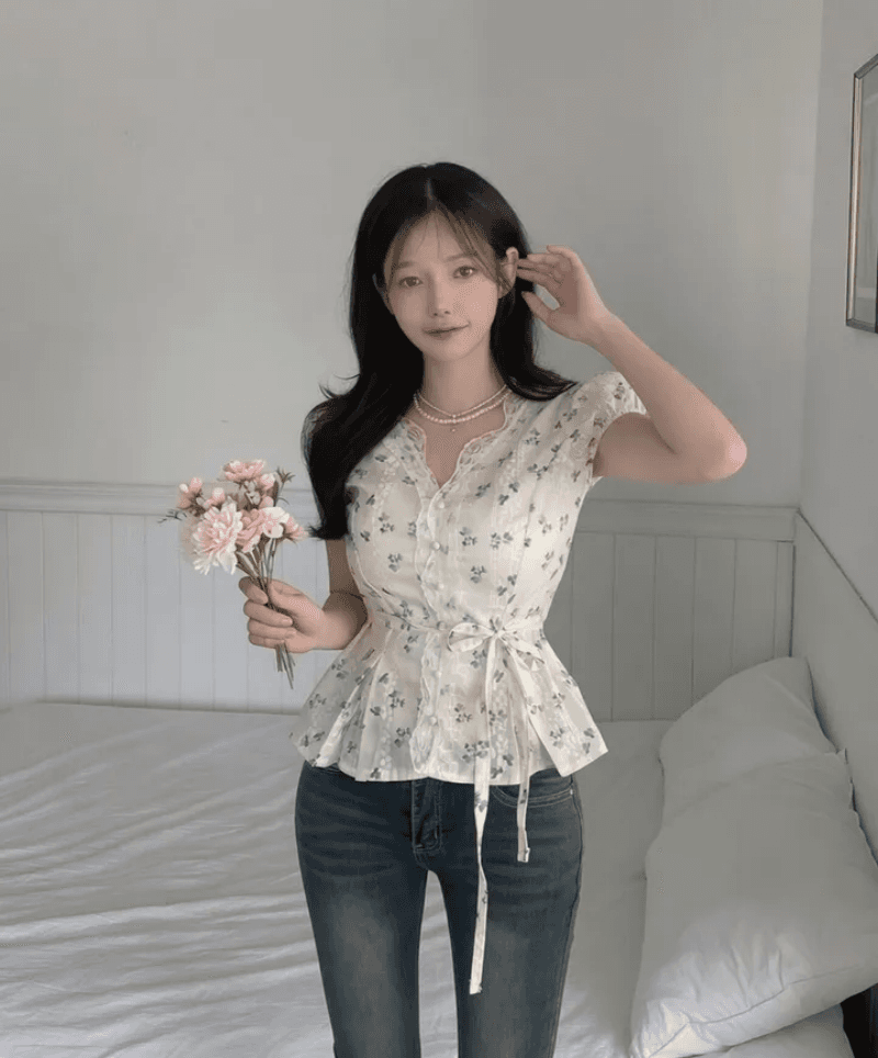 있음 선적 한국 chic 여름 꽃무늬 품격 허리 수축 슬림해 보이는 셔츠 프랑스식 레이스 레이스 V넥 맨위 상세 이미지 7