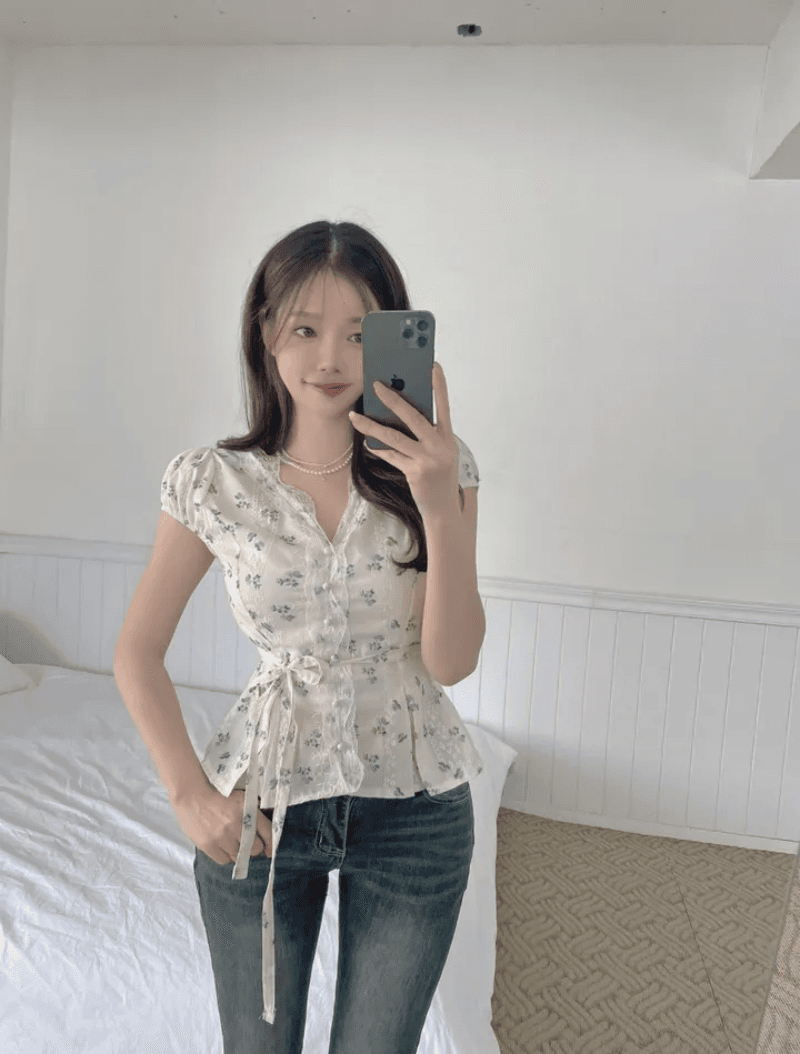 있음 선적 한국 chic 여름 꽃무늬 품격 허리 수축 슬림해 보이는 셔츠 프랑스식 레이스 레이스 V넥 맨위 상세 이미지 10
