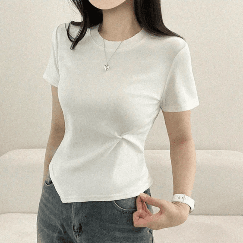 지금 재고 있음 한국 chic 여름 단색 라운드 넥 반팔 다용도 디자인 센스 비틀림 티셔츠 맨위 상세 이미지 5