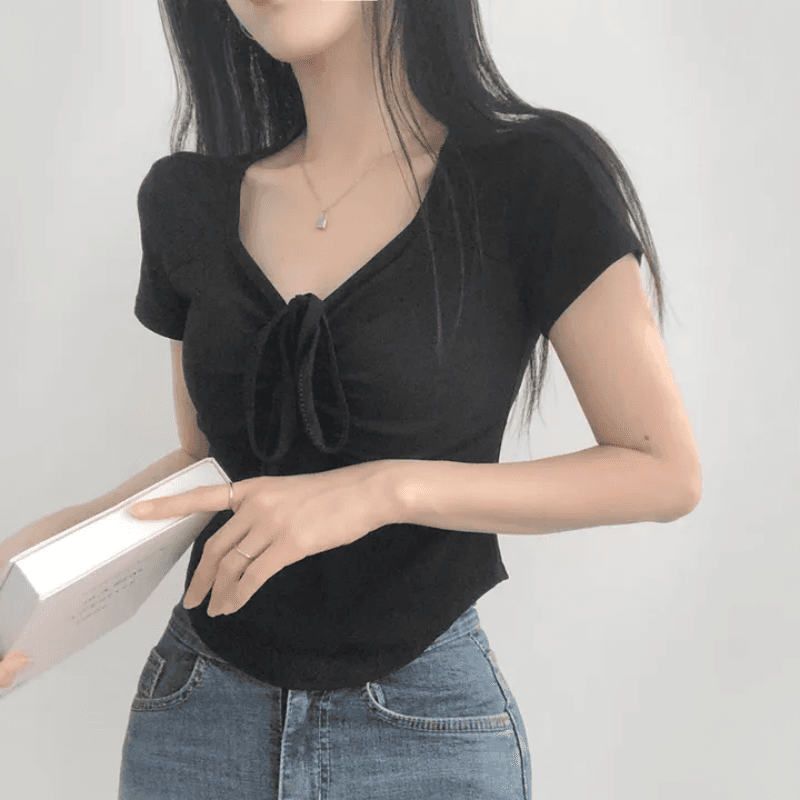 지금 재고 있음 한국 chic 단색 V넥 펌프 로프 반팔 티셔츠 여성 스트랩 티셔츠 맨위 상세 이미지 3