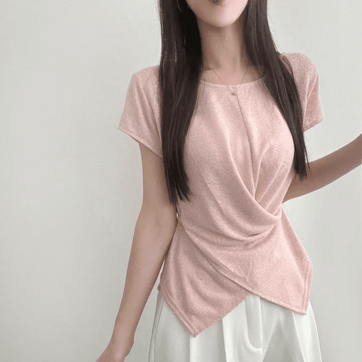 있음 선적 한국 chic 여름 얇은 스타일 디자인 센스 십자가 꼬집기 허리 반팔 티셔츠 고급 대나무 마디 면 리브 맨위