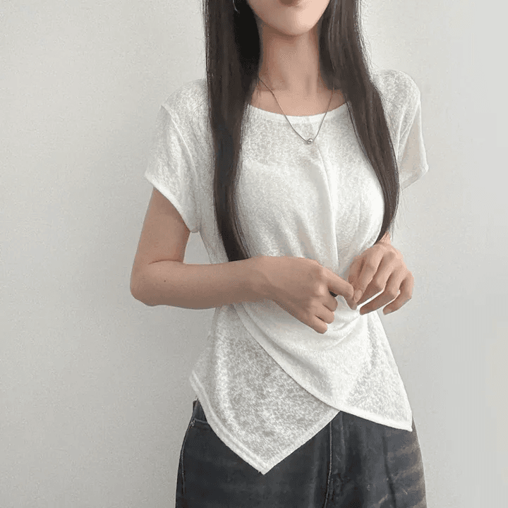 있음 선적 한국 chic 여름 얇은 스타일 디자인 센스 십자가 꼬집기 허리 반팔 티셔츠 고급 대나무 마디 면 리브 맨위 상세 이미지 3