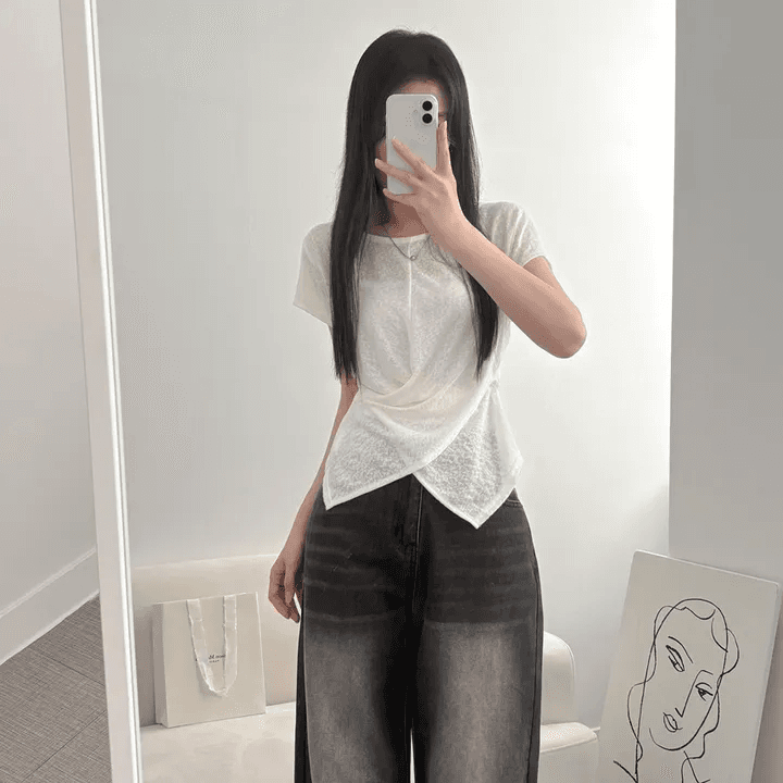 있음 선적 한국 chic 여름 얇은 스타일 디자인 센스 십자가 꼬집기 허리 반팔 티셔츠 고급 대나무 마디 면 리브 맨위 상세 이미지 4