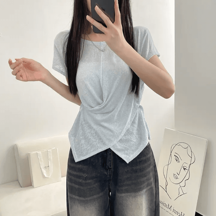 있음 선적 한국 chic 여름 얇은 스타일 디자인 센스 십자가 꼬집기 허리 반팔 티셔츠 고급 대나무 마디 면 리브 맨위 상세 이미지 11