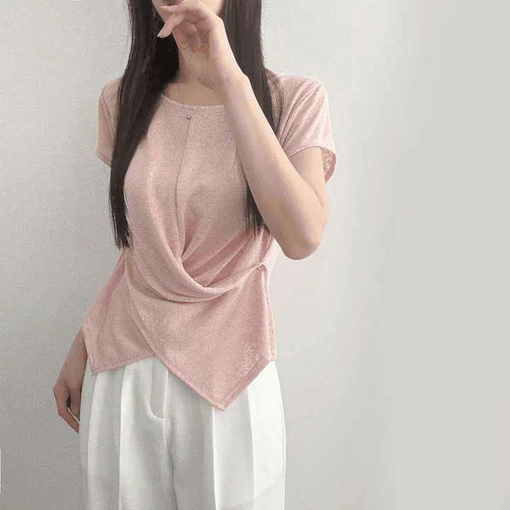 있음 선적 한국 chic 여름 얇은 스타일 디자인 센스 십자가 꼬집기 허리 반팔 티셔츠 고급 대나무 마디 면 리브 맨위 상세 이미지 16
