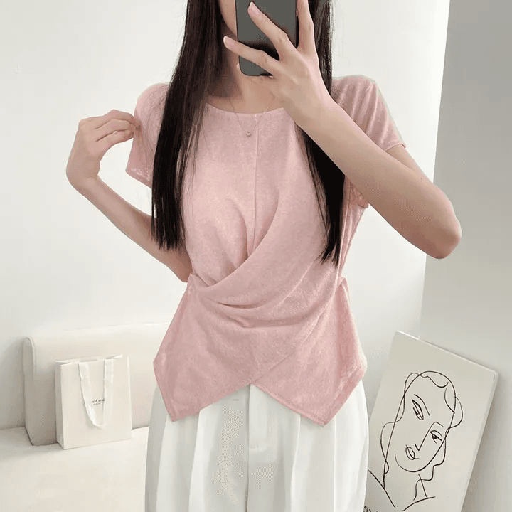 있음 선적 한국 chic 여름 얇은 스타일 디자인 센스 십자가 꼬집기 허리 반팔 티셔츠 고급 대나무 마디 면 리브 맨위 상세 이미지 17
