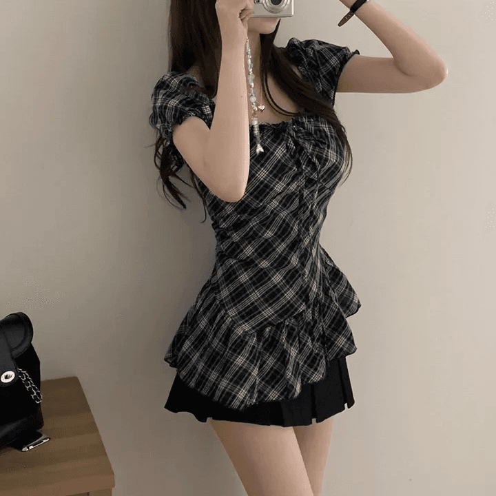 있음 선적 한국 chic 체크무늬 불규칙 셔츠 비스듬한 밑단 프릴 표지 넓적 다리 여름 맨위 이미지 2