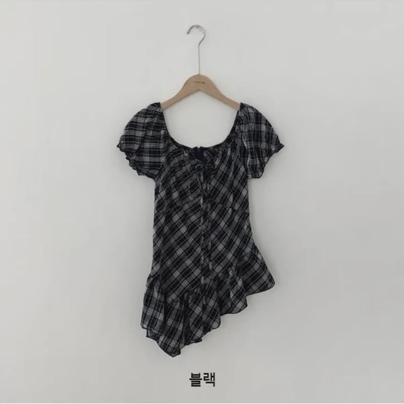 있음 선적 한국 chic 체크무늬 불규칙 셔츠 비스듬한 밑단 프릴 표지 넓적 다리 여름 맨위 이미지 5