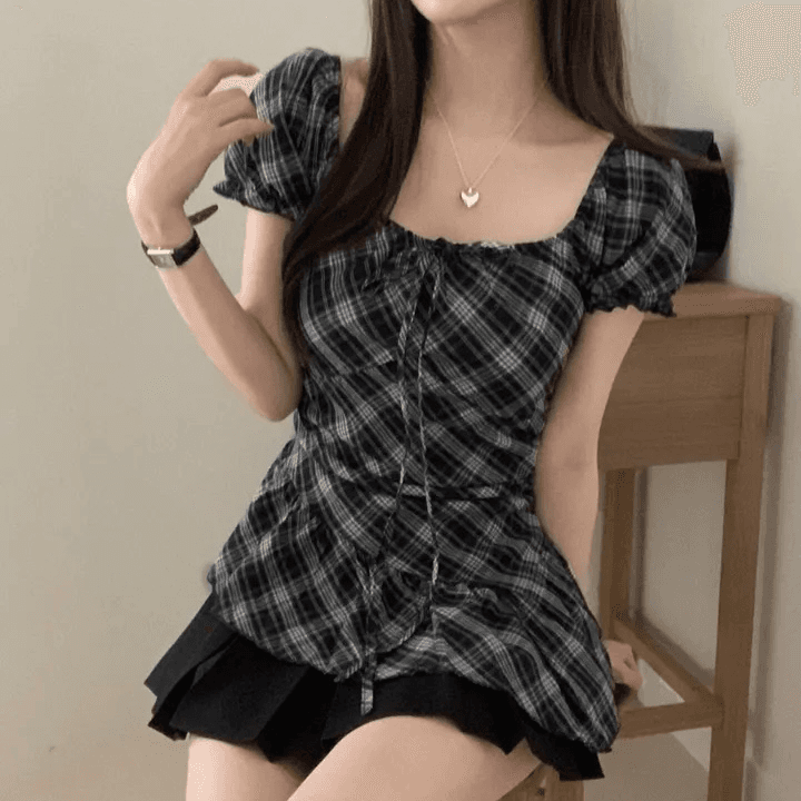 있음 선적 한국 chic 체크무늬 불규칙 셔츠 비스듬한 밑단 프릴 표지 넓적 다리 여름 맨위 상세 이미지 4