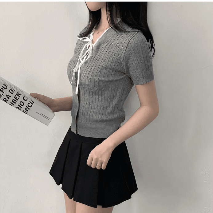 지금 재고 있음 한국 chic 여름 V넥 패치워크 레이스 레이스업 나비 매듭 품격 다용도 니트 스웨터 상세 이미지 3