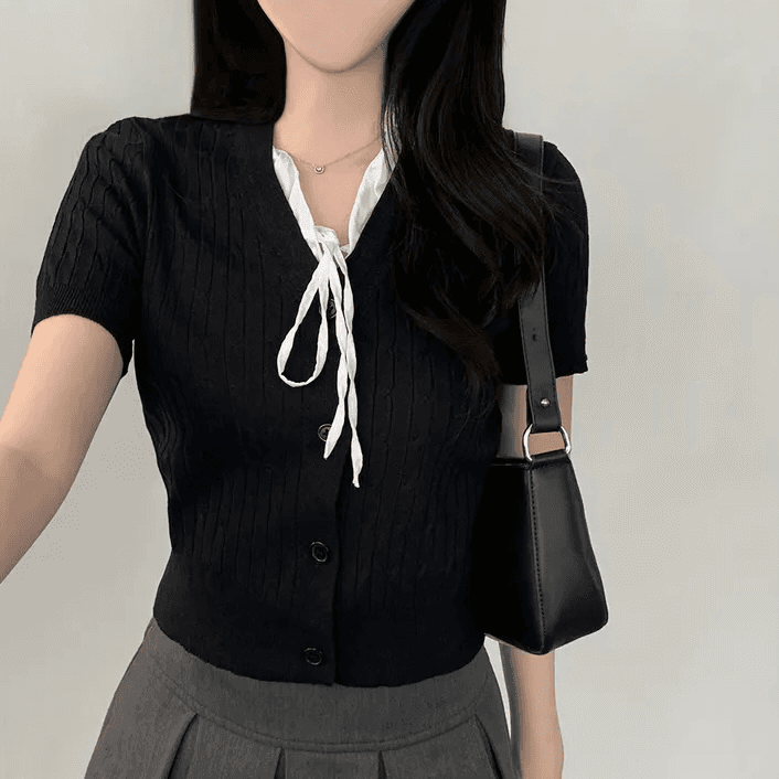 지금 재고 있음 한국 chic 여름 V넥 패치워크 레이스 레이스업 나비 매듭 품격 다용도 니트 스웨터 상세 이미지 9