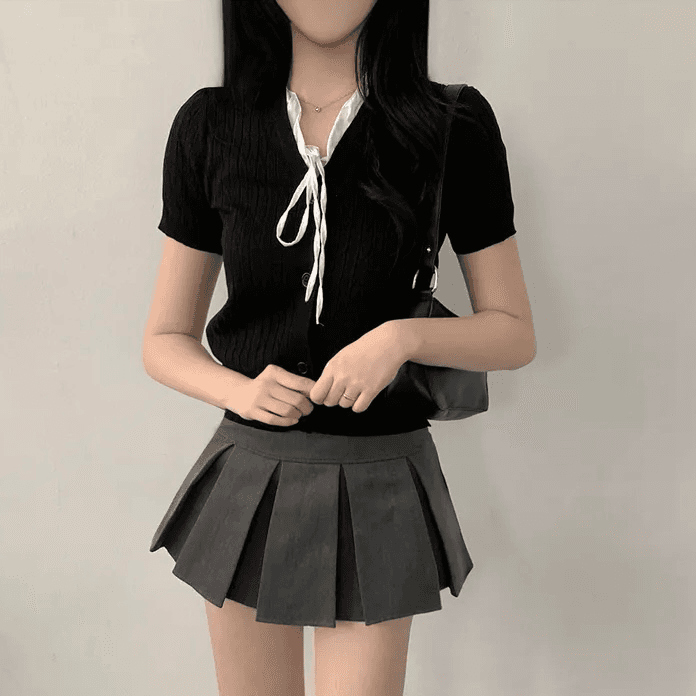 지금 재고 있음 한국 chic 여름 V넥 패치워크 레이스 레이스업 나비 매듭 품격 다용도 니트 스웨터 상세 이미지 10