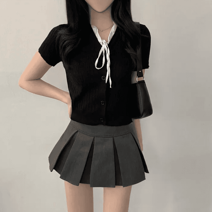 지금 재고 있음 한국 chic 여름 V넥 패치워크 레이스 레이스업 나비 매듭 품격 다용도 니트 스웨터 상세 이미지 11