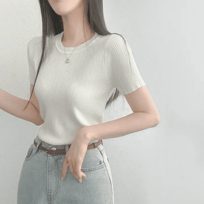 있음 선적 한국 chic 여름 몸매 가꾸기 다용도 라운드 넥 플리츠 리브 반팔 티셔츠