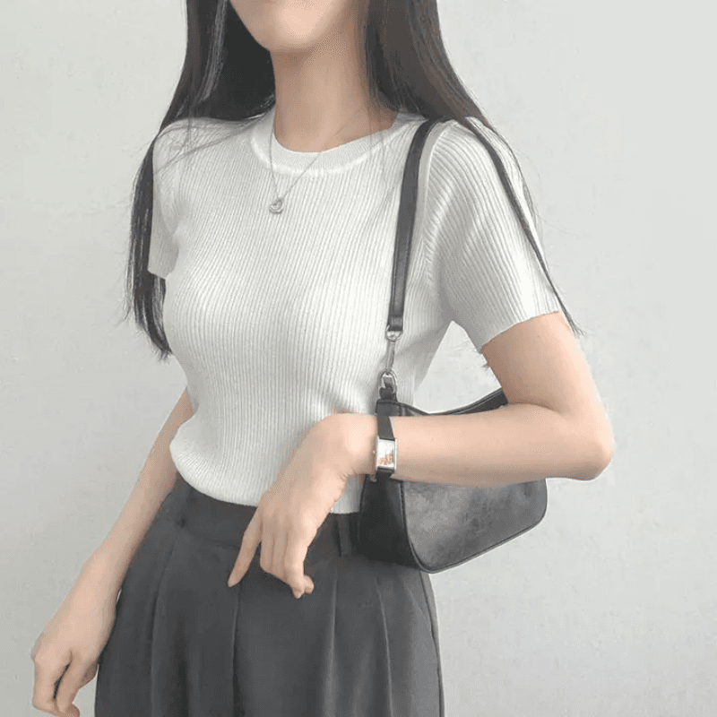 있음 선적 한국 chic 여름 몸매 가꾸기 다용도 라운드 넥 플리츠 리브 반팔 티셔츠 이미지 2