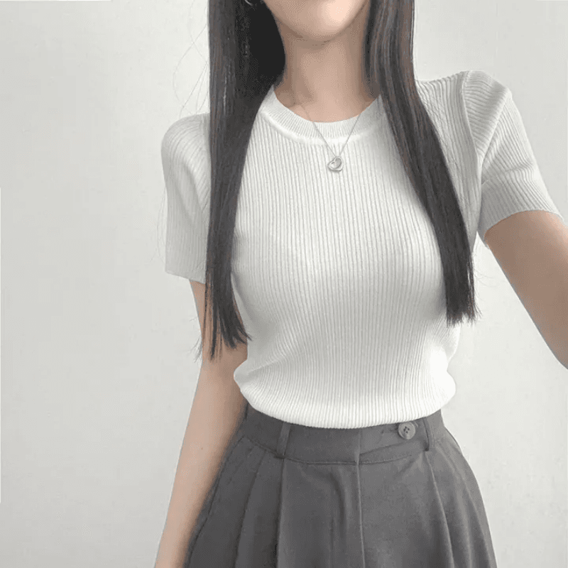 있음 선적 한국 chic 여름 몸매 가꾸기 다용도 라운드 넥 플리츠 리브 반팔 티셔츠 상세 이미지 3