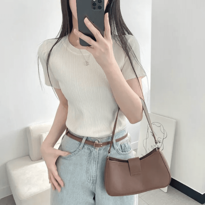 있음 선적 한국 chic 여름 몸매 가꾸기 다용도 라운드 넥 플리츠 리브 반팔 티셔츠 상세 이미지 4