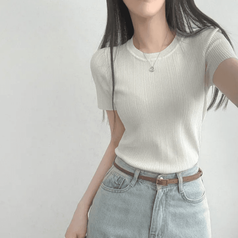 있음 선적 한국 chic 여름 몸매 가꾸기 다용도 라운드 넥 플리츠 리브 반팔 티셔츠 상세 이미지 7