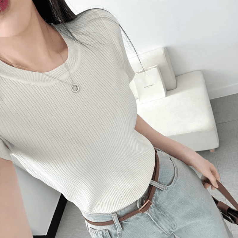 있음 선적 한국 chic 여름 몸매 가꾸기 다용도 라운드 넥 플리츠 리브 반팔 티셔츠 상세 이미지 8