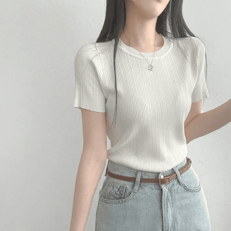 있음 선적 한국 chic 여름 몸매 가꾸기 다용도 라운드 넥 플리츠 리브 반팔 티셔츠 상세 이미지 9