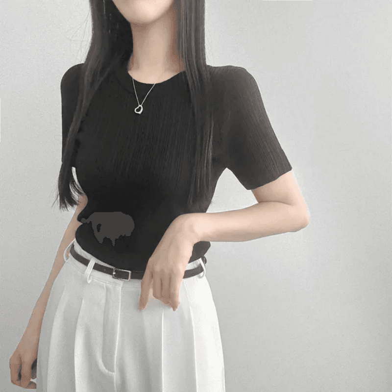 있음 선적 한국 chic 여름 몸매 가꾸기 다용도 라운드 넥 플리츠 리브 반팔 티셔츠 상세 이미지 10