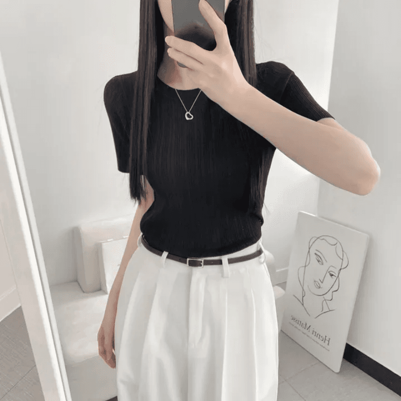 있음 선적 한국 chic 여름 몸매 가꾸기 다용도 라운드 넥 플리츠 리브 반팔 티셔츠 상세 이미지 11