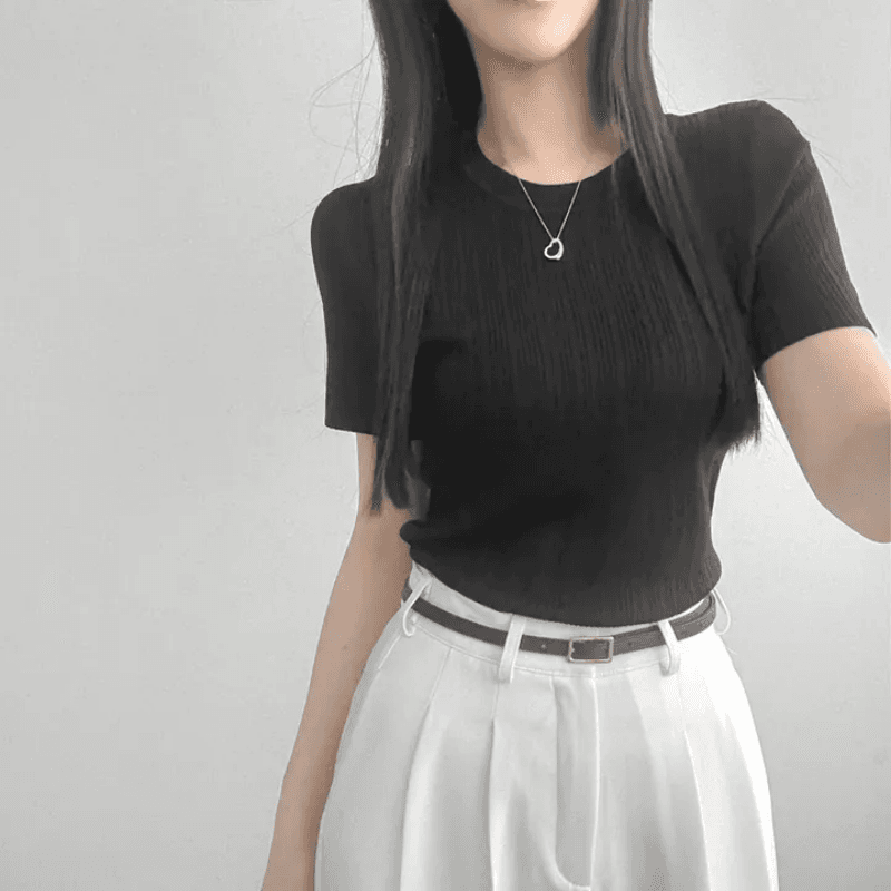있음 선적 한국 chic 여름 몸매 가꾸기 다용도 라운드 넥 플리츠 리브 반팔 티셔츠 상세 이미지 12