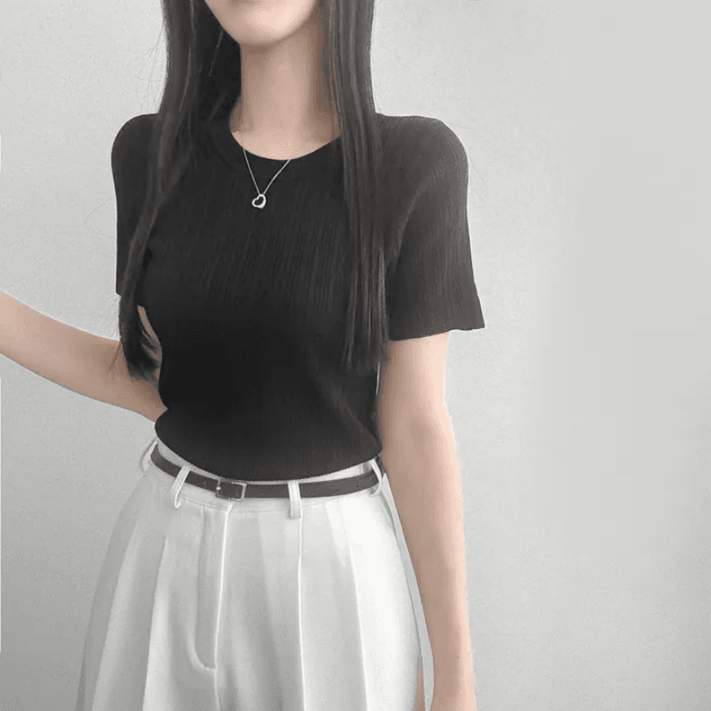있음 선적 한국 chic 여름 몸매 가꾸기 다용도 라운드 넥 플리츠 리브 반팔 티셔츠 상세 이미지 13