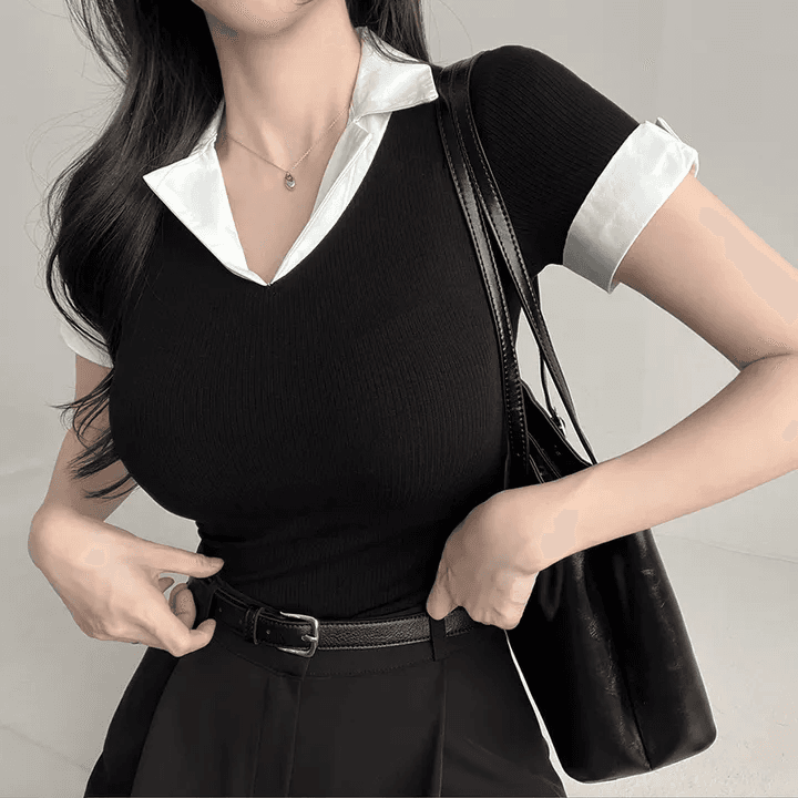 있음 선적 한국 chic 여름 페이크 레이어드 고급 센스 POLO 칼라 검정색 여성 셔츠 상세 이미지 5