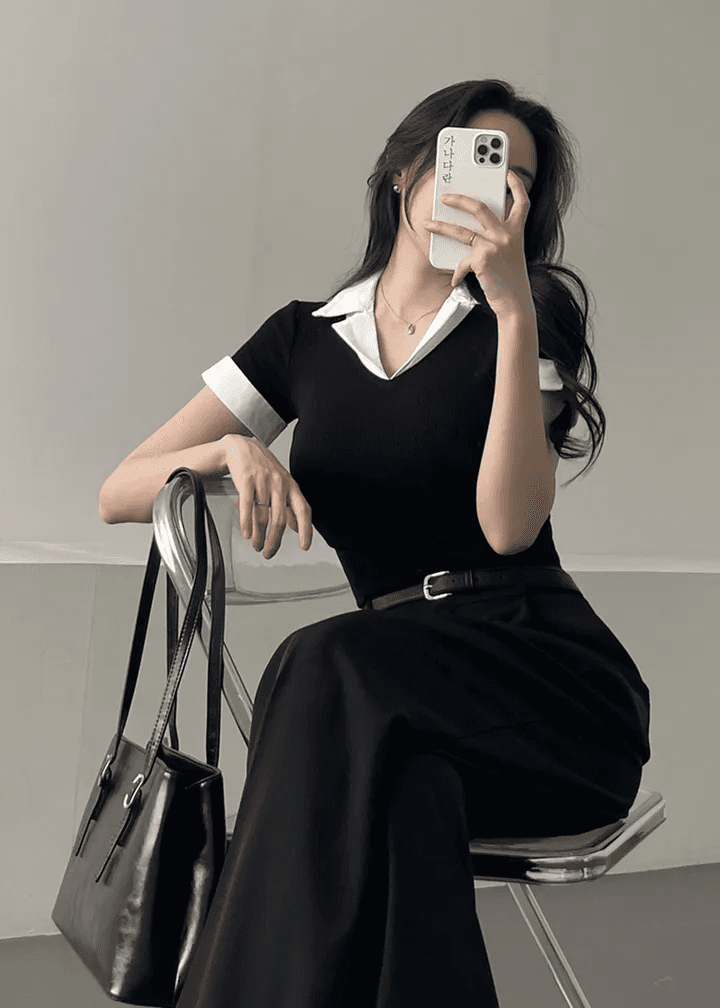 있음 선적 한국 chic 여름 페이크 레이어드 고급 센스 POLO 칼라 검정색 여성 셔츠 상세 이미지 10