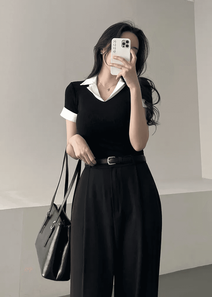 있음 선적 한국 chic 여름 페이크 레이어드 고급 센스 POLO 칼라 검정색 여성 셔츠 상세 이미지 12