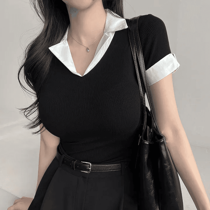 있음 선적 한국 chic 여름 페이크 레이어드 고급 센스 POLO 칼라 검정색 여성 셔츠 상세 이미지 13
