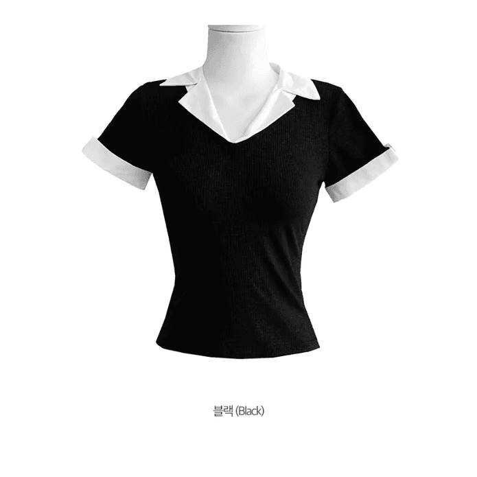 있음 선적 한국 chic 여름 페이크 레이어드 고급 센스 POLO 칼라 검정색 여성 셔츠 상세 이미지 15