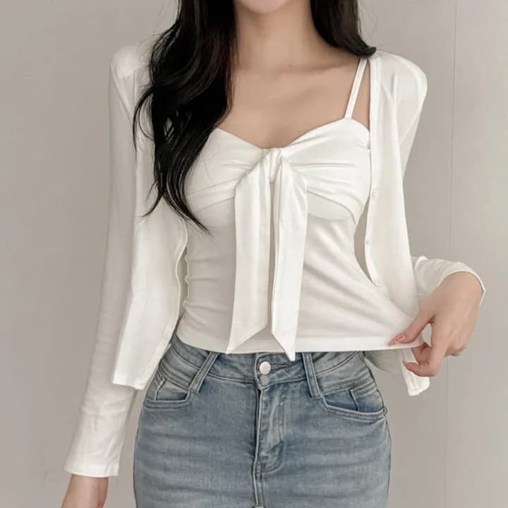 있음 선적 한국 chic 봄 가을 투피스 세트 몸매 가꾸기 슬림해 보이는 캐미솔 단색 긴팔 오픈 가디건 이미지 4