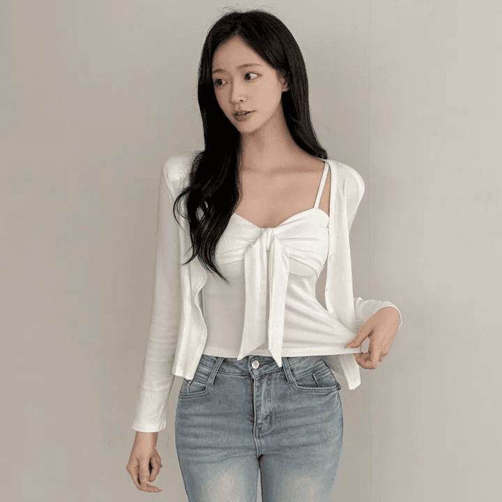 있음 선적 한국 chic 봄 가을 투피스 세트 몸매 가꾸기 슬림해 보이는 캐미솔 단색 긴팔 오픈 가디건 상세 이미지 1