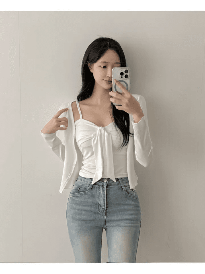 있음 선적 한국 chic 봄 가을 투피스 세트 몸매 가꾸기 슬림해 보이는 캐미솔 단색 긴팔 오픈 가디건 상세 이미지 4