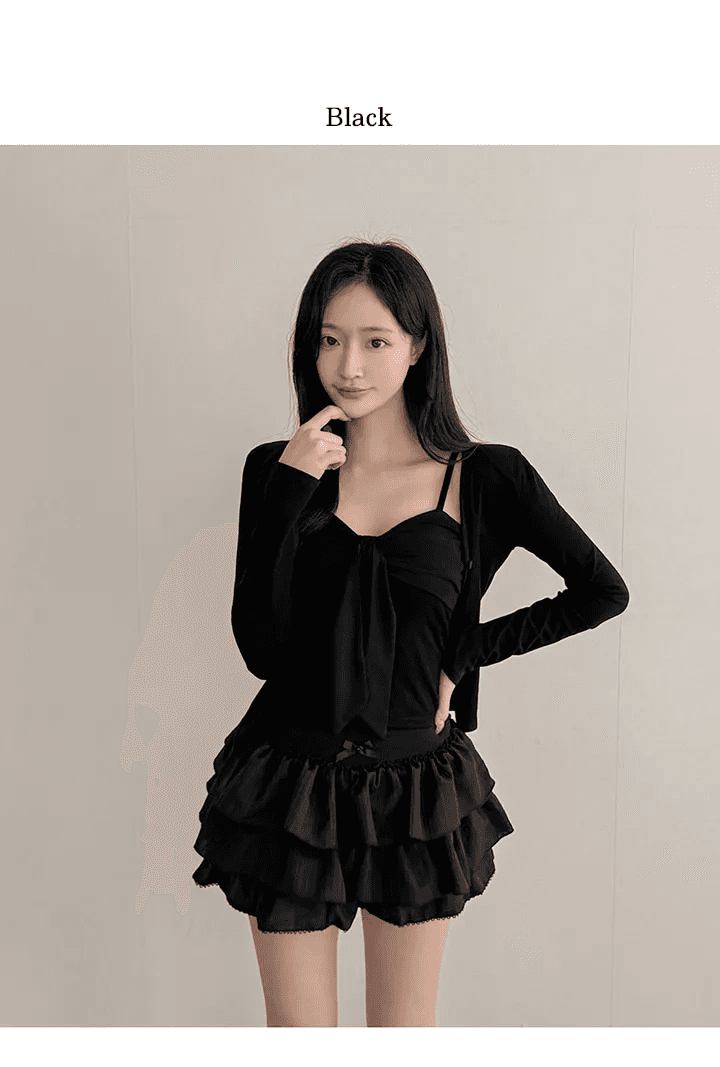 있음 선적 한국 chic 봄 가을 투피스 세트 몸매 가꾸기 슬림해 보이는 캐미솔 단색 긴팔 오픈 가디건 상세 이미지 11