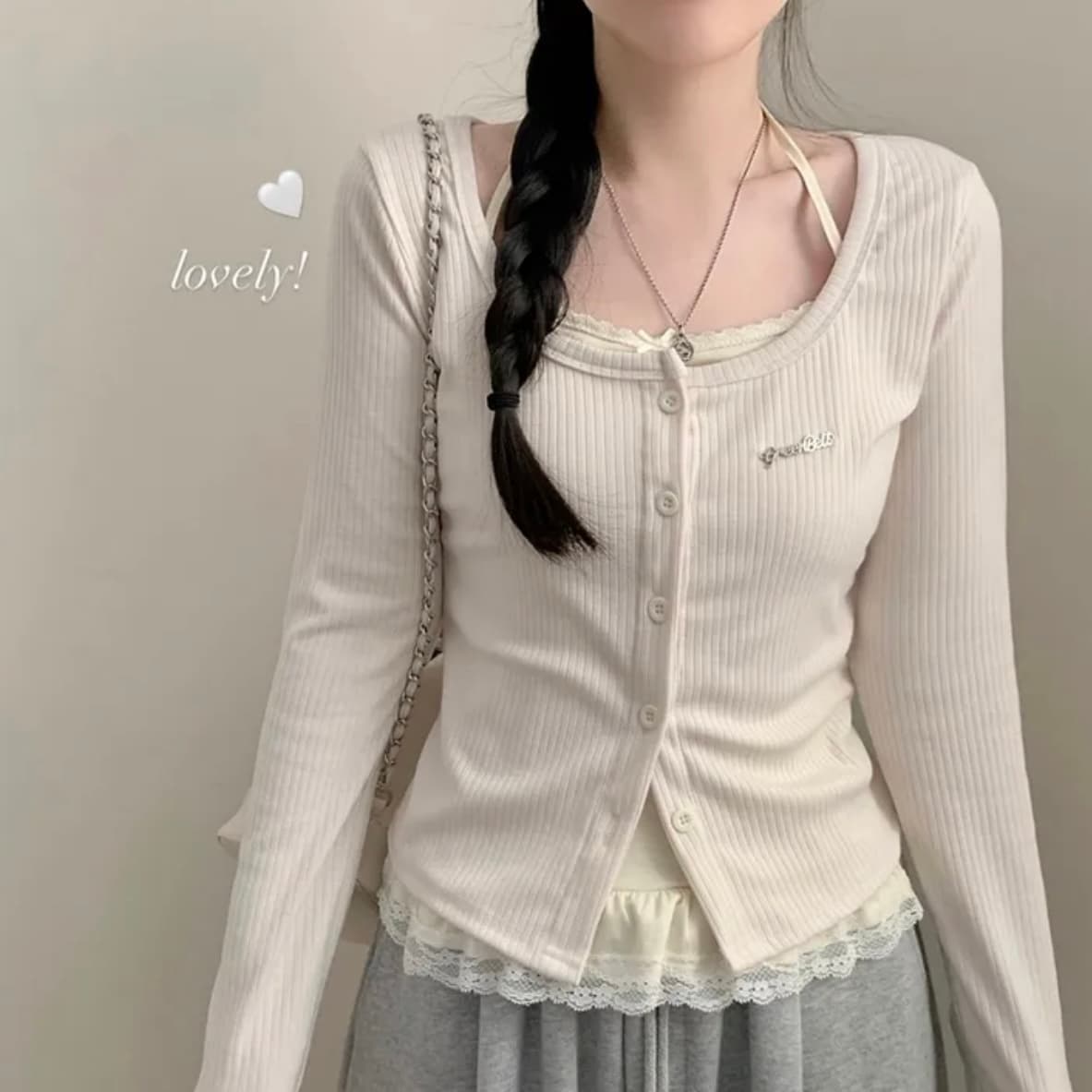 있음 선적 한국 chic 이른 가을 긴팔 페이크 레이어드 행침 목 몸매 가꾸기 패치워크 레이스 레이스 티셔츠 맨위 상세 이미지 2