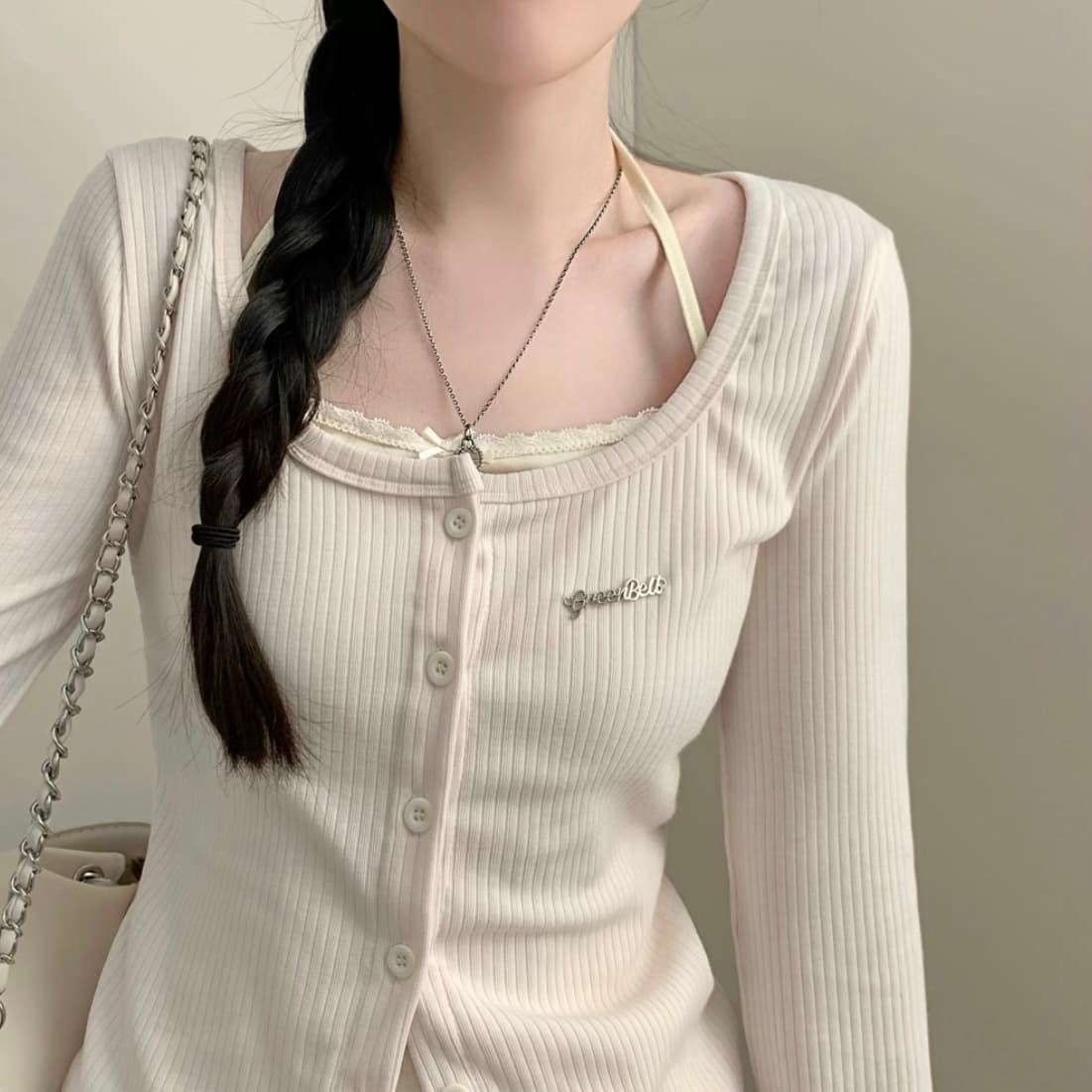있음 선적 한국 chic 이른 가을 긴팔 페이크 레이어드 행침 목 몸매 가꾸기 패치워크 레이스 레이스 티셔츠 맨위 상세 이미지 5