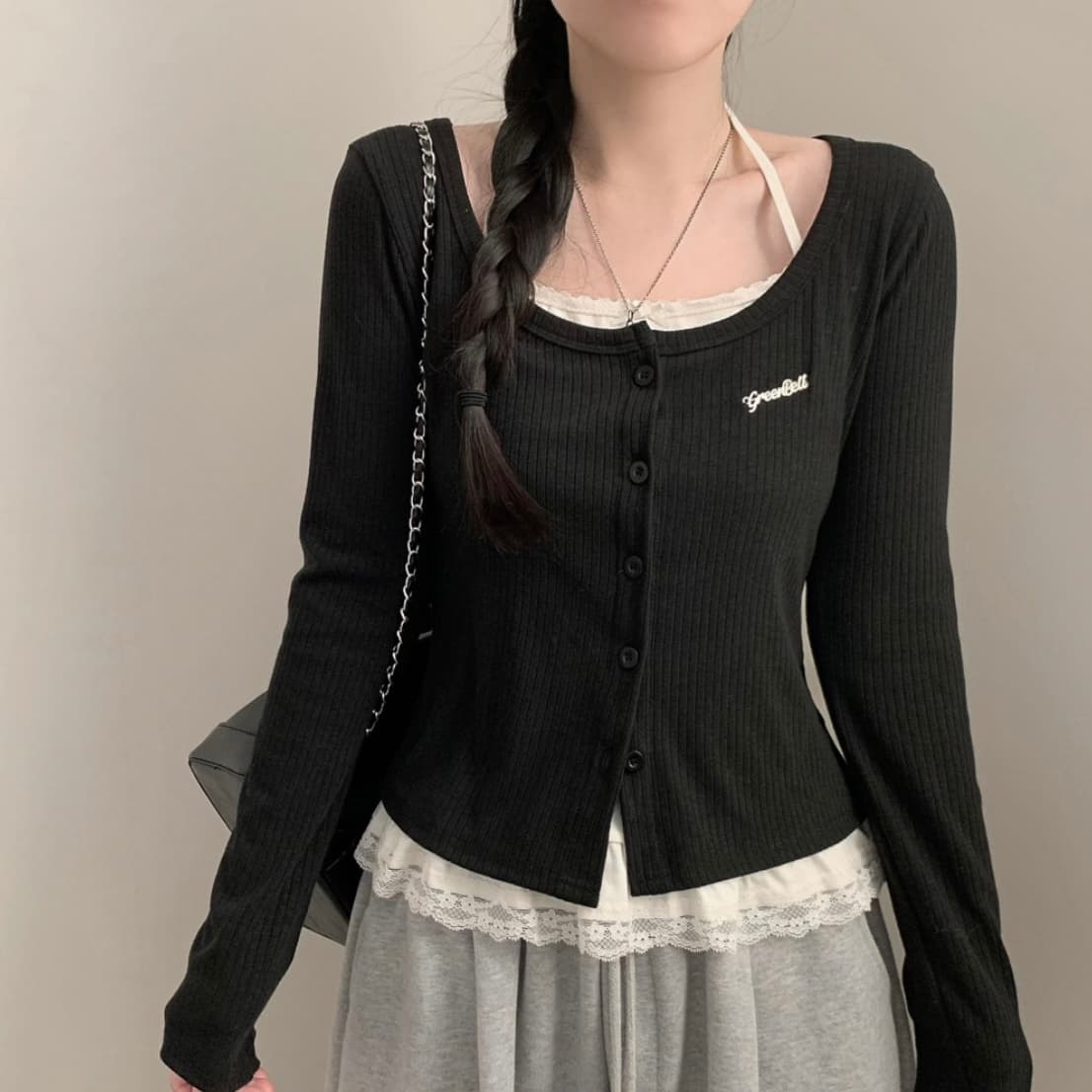 있음 선적 한국 chic 이른 가을 긴팔 페이크 레이어드 행침 목 몸매 가꾸기 패치워크 레이스 레이스 티셔츠 맨위 상세 이미지 7