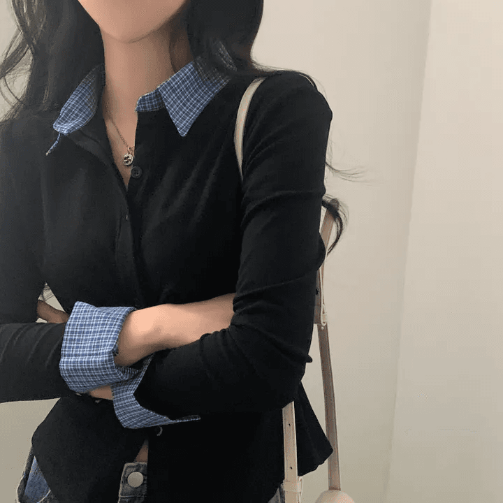 있음 선적 한국 chic 이른 가을 새로운 패치워크 배색 체크무늬 POLO 칼라 긴팔 오픈 가디건 이미지 3