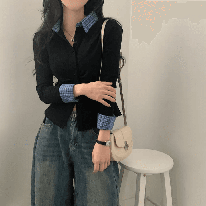 있음 선적 한국 chic 이른 가을 새로운 패치워크 배색 체크무늬 POLO 칼라 긴팔 오픈 가디건 상세 이미지 3