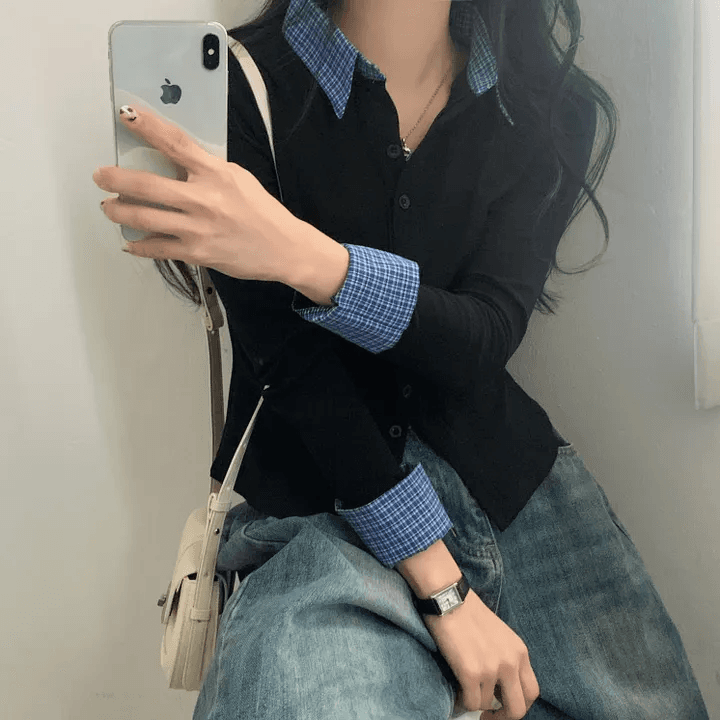 있음 선적 한국 chic 이른 가을 새로운 패치워크 배색 체크무늬 POLO 칼라 긴팔 오픈 가디건 상세 이미지 4