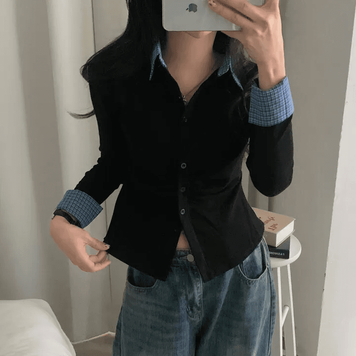 있음 선적 한국 chic 이른 가을 새로운 패치워크 배색 체크무늬 POLO 칼라 긴팔 오픈 가디건 상세 이미지 9