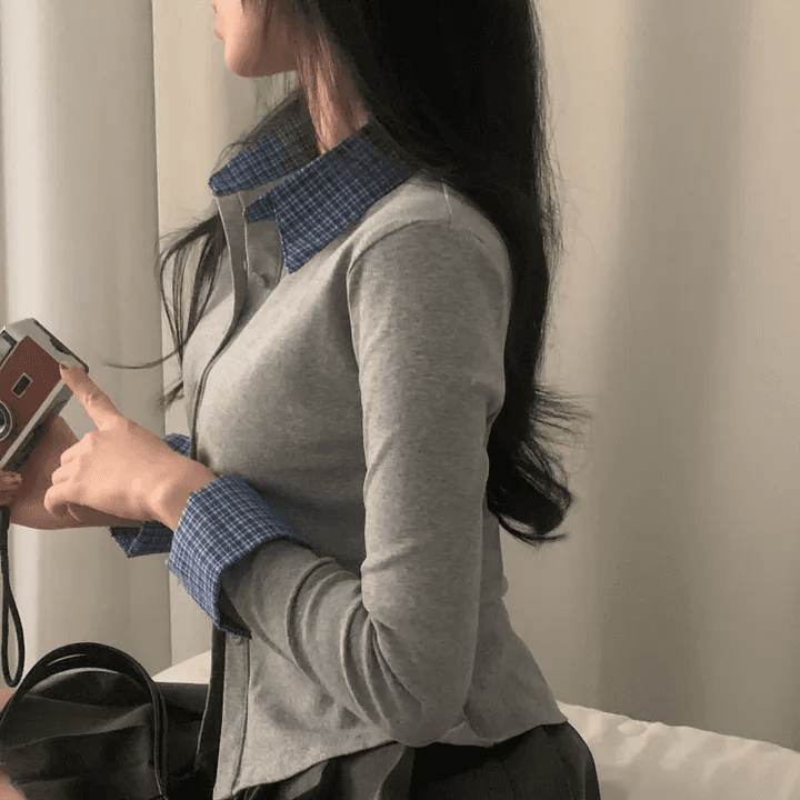 있음 선적 한국 chic 이른 가을 새로운 패치워크 배색 체크무늬 POLO 칼라 긴팔 오픈 가디건 상세 이미지 12