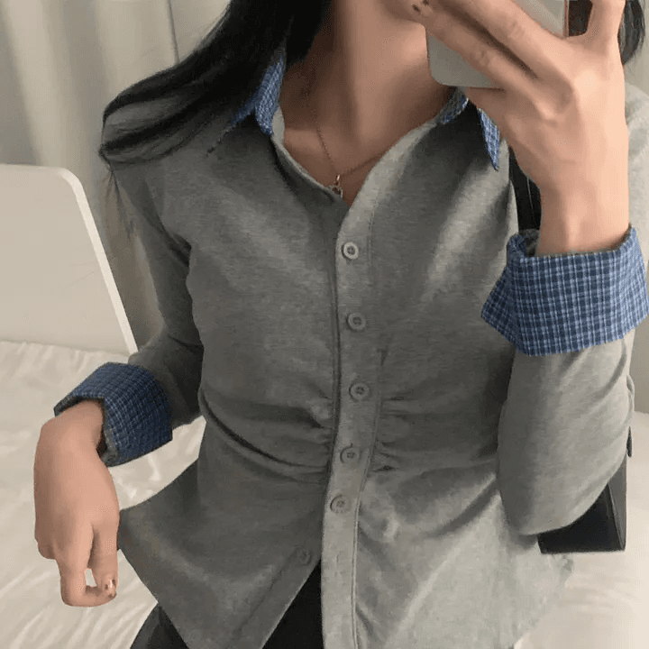 있음 선적 한국 chic 이른 가을 새로운 패치워크 배색 체크무늬 POLO 칼라 긴팔 오픈 가디건 상세 이미지 13