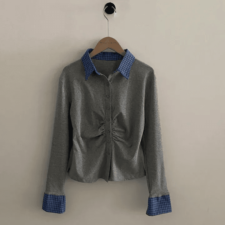 있음 선적 한국 chic 이른 가을 새로운 패치워크 배색 체크무늬 POLO 칼라 긴팔 오픈 가디건 상세 이미지 17